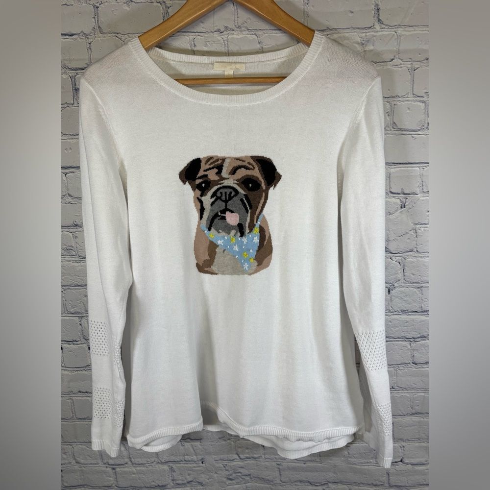 Anthropologie Lisa Todd White Nino Bulldog Cottagecore Festive Cotton Sweater L